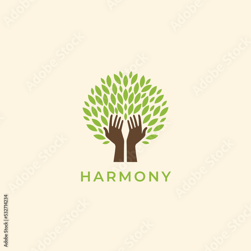 Tree logo with human hands. Ecology, environment, environment friendly, sharing, care or charity symbol. Growth concept. Eco vector illustration. Hands + Leaves logo. 
