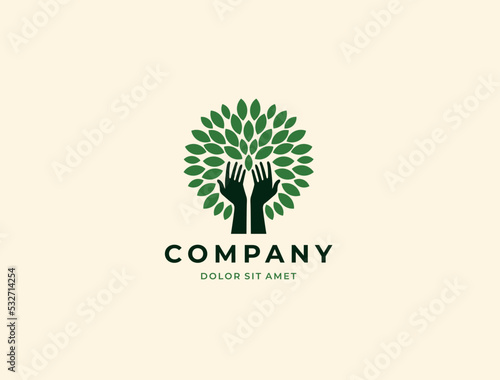 Tree logo with human hands. Ecology, environment, environment friendly, sharing, care or charity symbol. Growth concept. Eco vector illustration. Hands + Leaves logo. 
