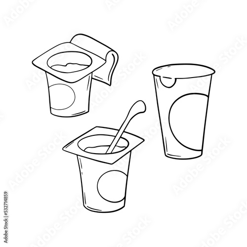 Monochrome icon set, small plastic jar with yogurt and spoon, copy space, cartoon vector