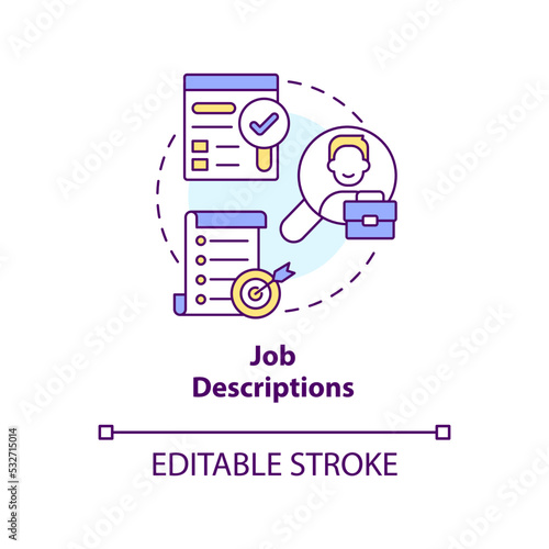 Job descriptions concept icon. Position requirements. Job employment documents abstract idea thin line illustration. Isolated outline drawing. Editable stroke. Arial, Myriad Pro-Bold fonts used