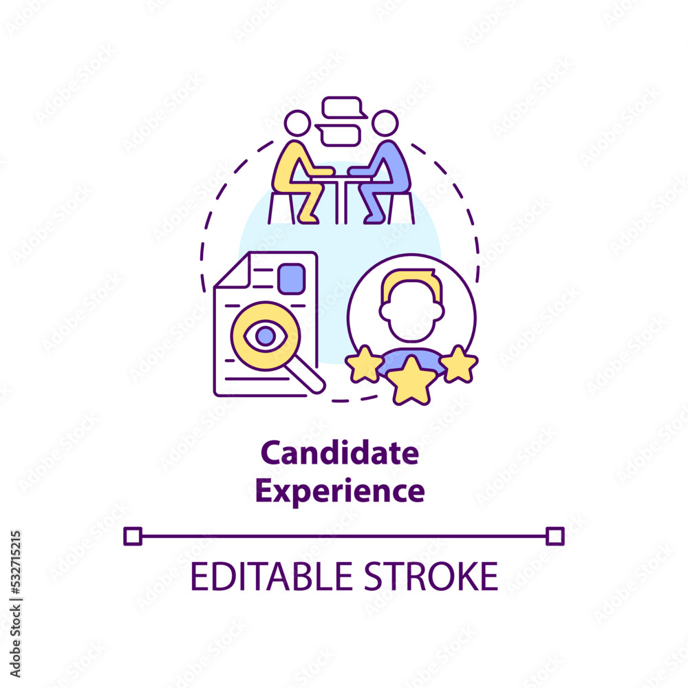 Candidate experience interview concept icon. Job resume. CV review. Recruitment abstract idea thin line illustration. Isolated outline drawing. Editable stroke. Arial, Myriad Pro-Bold fonts used Candidate experience interview concept icon. Job resume. CV review. Recruitment abstract idea thin line illustration. Isolated outline drawing. Editable stroke. Arial, Myriad Pro-Bold fonts used