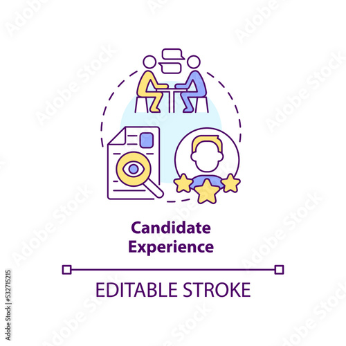 Candidate experience interview concept icon. Job resume. CV review. Recruitment abstract idea thin line illustration. Isolated outline drawing. Editable stroke. Arial, Myriad Pro-Bold fonts used