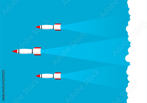 White missile rocket warhead launch frying air strikes in war with cloud blue sky background icon flat vector design.
