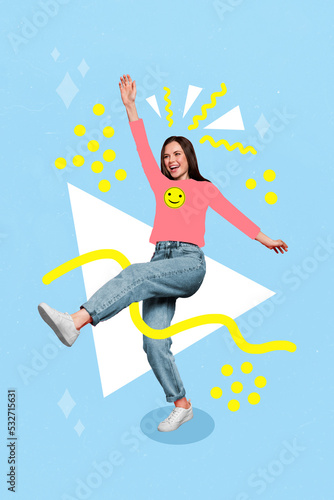 Collage photo of young funny excited woman dancing wear pink painted sweater celebrate summer sale isolated on blue color background photo