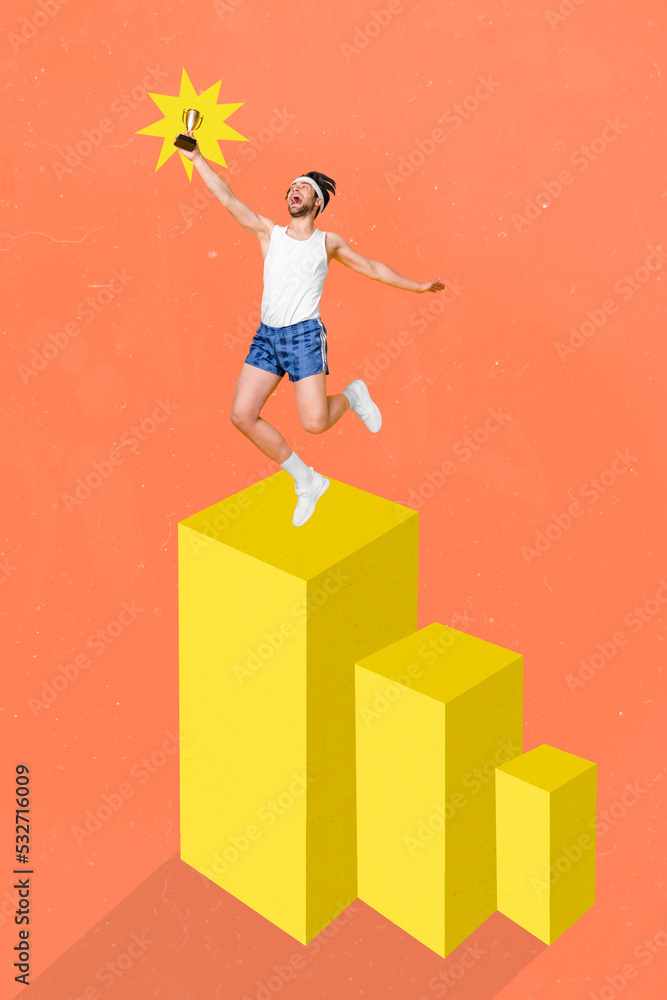 Collage photo of young funny excited guy sportswear headband career success hold golden cup isolated on isolated painted background Collage photo of young funny excited guy sportswear headband career success hold golden cup isolated on isolated painted background