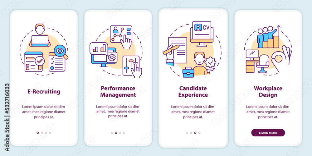 HR methods onboarding mobile app screen. Recruiting system walkthrough 4 steps editable graphic instructions with linear concepts. UI, UX, GUI template. Myriad Pro-Bold, Regular fonts used