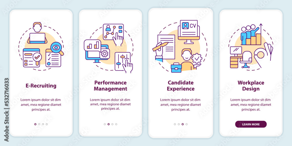 HR methods onboarding mobile app screen. Recruiting system walkthrough 4 steps editable graphic instructions with linear concepts. UI, UX, GUI template. Myriad Pro-Bold, Regular fonts used HR methods onboarding mobile app screen. Recruiting system walkthrough 4 steps editable graphic instructions with linear concepts. UI, UX, GUI template. Myriad Pro-Bold, Regular fonts used
