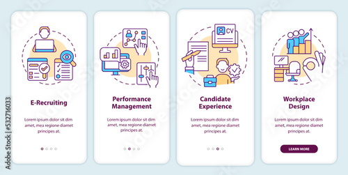 HR methods onboarding mobile app screen. Recruiting system walkthrough 4 steps editable graphic instructions with linear concepts. UI, UX, GUI template. Myriad Pro-Bold, Regular fonts used