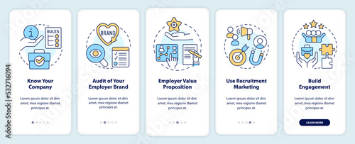 Employer branding process onboarding mobile app screen. HR system walkthrough 5 steps editable graphic instructions with linear concepts. UI, UX, GUI template. Myriad Pro-Bold, Regular fonts used