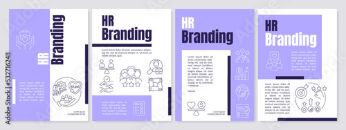 Employee management brand purple brochure template. HR value. Leaflet design with linear icons. Editable 4 vector layouts for presentation, annual reports. Anton, Lato-Regular fonts used