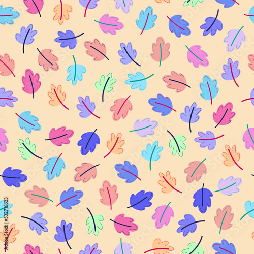 Vector seamless pattern with colorful leaves. Cute childish doodle style. Ideal for wrapping paper, textiles, wallpaper.Abstract template for trendy prints.Autumn vibes.
