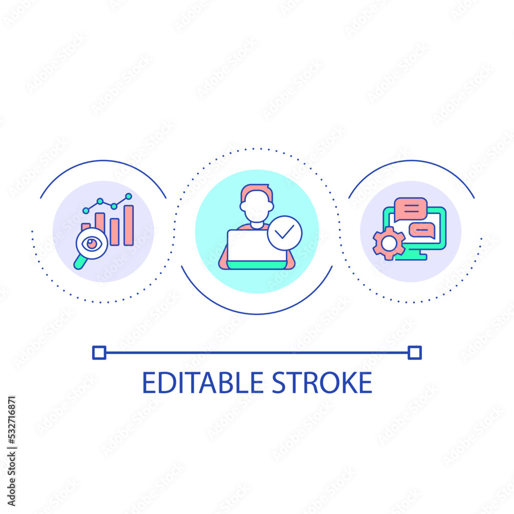 Fototapeta premium Remote data analysing loop concept icon. Technical support for users. Virtual workplace abstract idea thin line illustration. Isolated outline drawing. Editable stroke. Arial font used