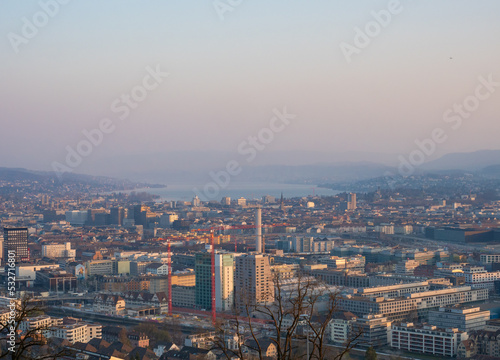 Zurich  Switzerland - March 26th 2022  Panoramic view over the city from the famous viewpoint Waid.