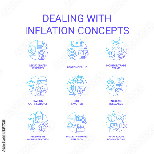 Dealing with inflation blue gradient concept icons set. Rising prices. Interest rates. Economics idea thin line color illustrations. Isolated symbols. Roboto-Medium, Myriad Pro-Bold fonts used