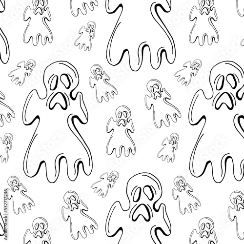Halloween festive seamless pattern. Black endless background with smiling cute ghosts,