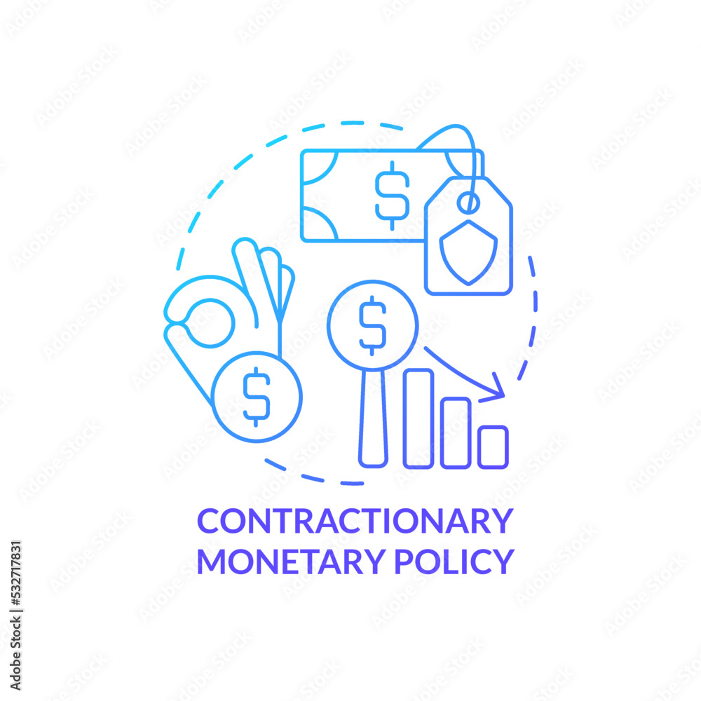 Contractionary monetary policy blue gradient concept icon. How can government deal with inflation abstract idea thin line illustration. Isolated outline drawing. Myriad Pro-Bold font used Contractionary monetary policy blue gradient concept icon. How can government deal with inflation abstract idea thin line illustration. Isolated outline drawing. Myriad Pro-Bold font used
