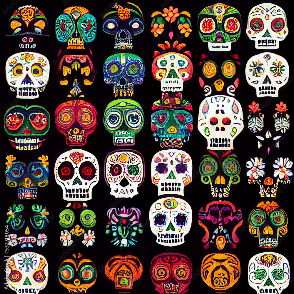 3d render pattern background skull and flowers in bright decorative pattern in traditional mexican day of the dead. 3d render pattern background skull and flowers in bright decorative pattern in traditional mexican day of the dead.