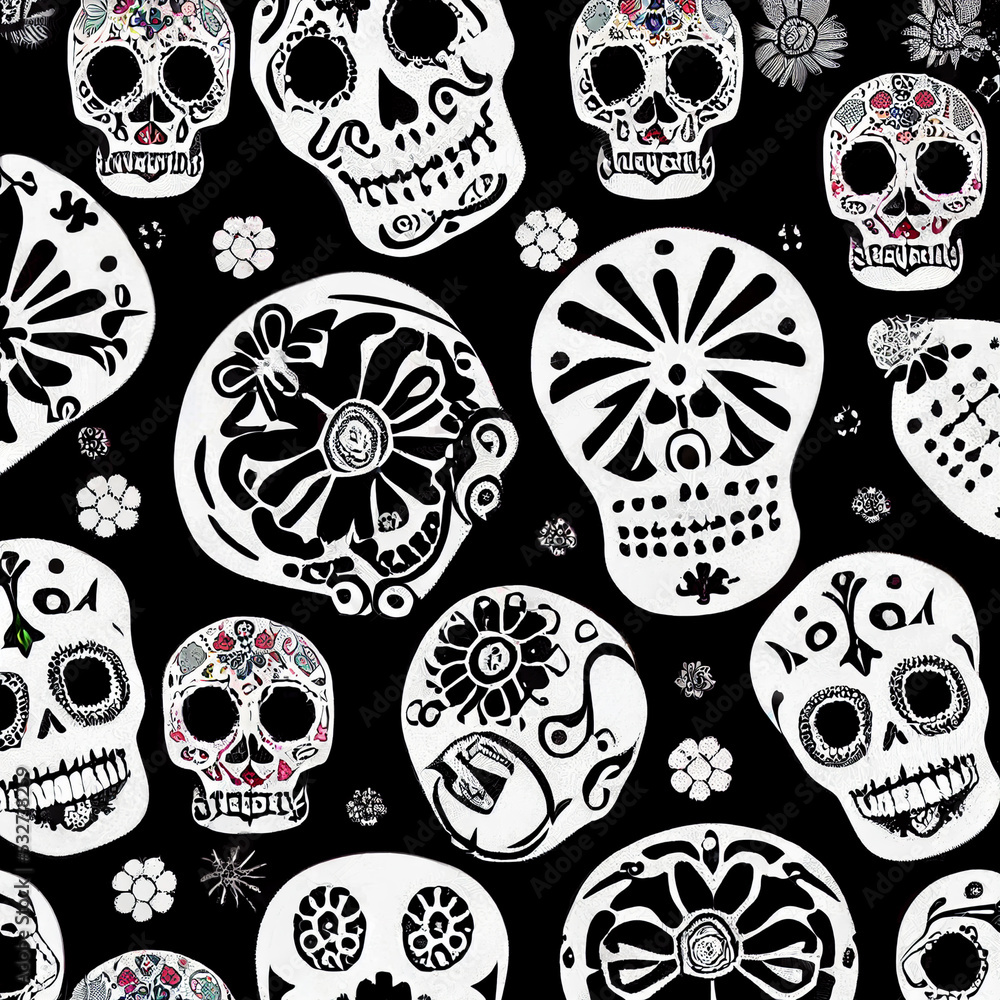3d render pattern background skull and flowers in bright decorative pattern in traditional mexican day of the dead. 3d render pattern background skull and flowers in bright decorative pattern in traditional mexican day of the dead.