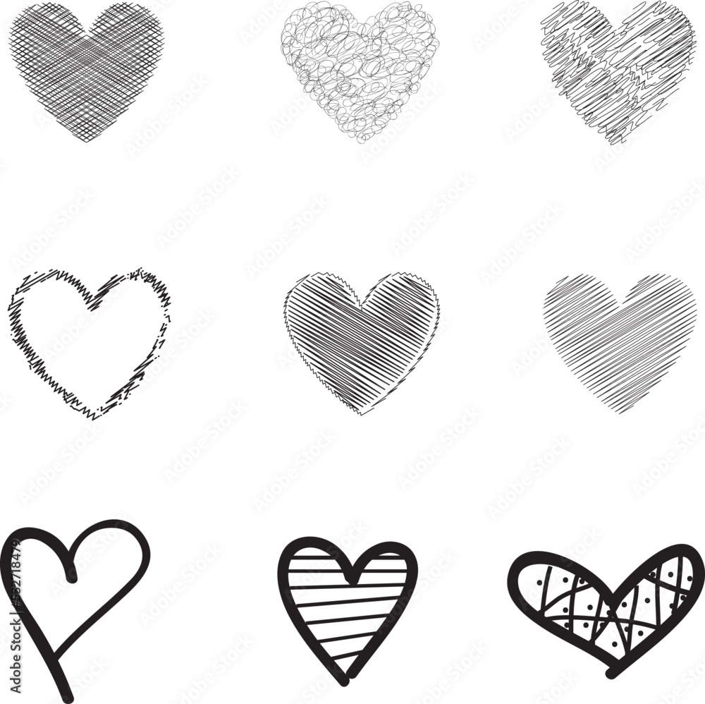Heart hand draw vector. Black heart hand drawn love icons isolated ...