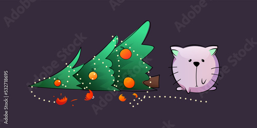 Vector round cat sits upset near the Christmas tree. The cat dropped the Christmas tree, broke New Year's toys.