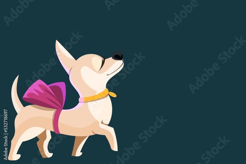 Vector cute chihuahua dog with a bow on his back. Adorable puppy is coming. Raised paw. Arrogant dog.