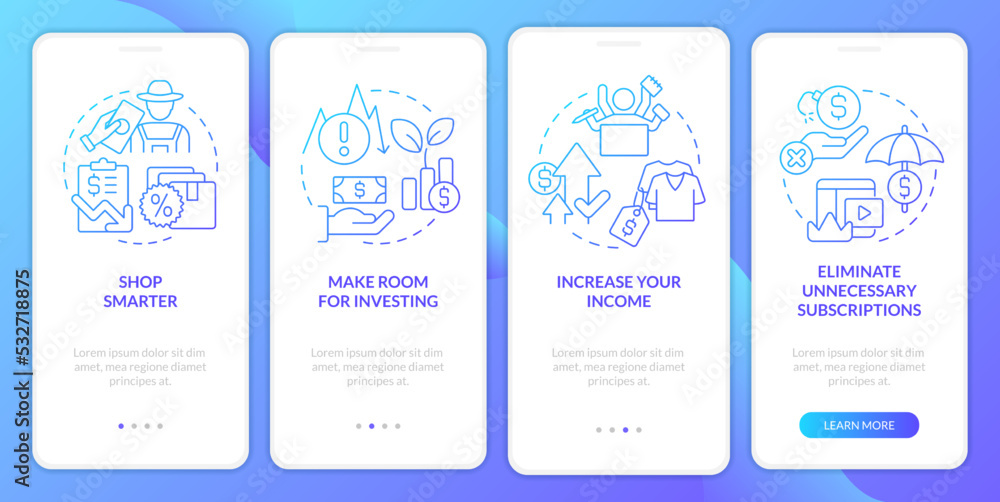 Budget planning for inflation blue gradient onboarding mobile app screen. Walkthrough 4 steps graphic instructions with linear concepts. UI, UX, GUI template. Myriad Pro-Bold, Regular fonts used