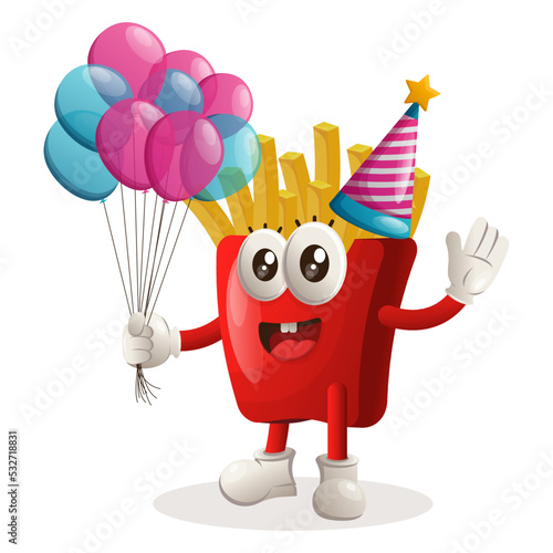 Cute french fries mascot wearing a birthday hat, holding balloons