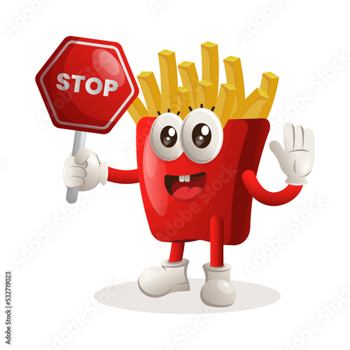 Cute french fries mascot holding stop sign, street sign, road sign