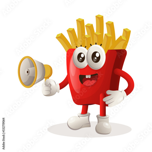 Cute french fries mascot holding megaphone