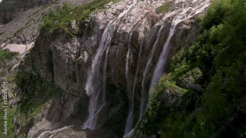 Aerial view of Sofia waterfalls. Epic view of falling water jets high in the mountains on a summer day Aerial view of Sofia waterfalls. Epic view of falling water jets high in the mountains on a summer day