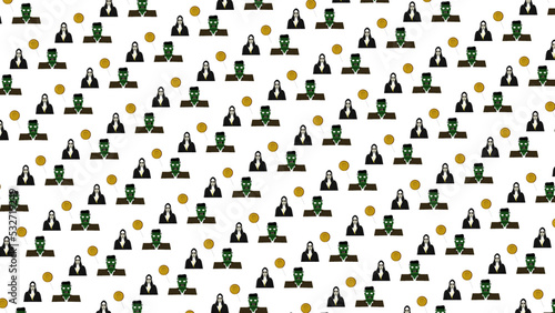 Happy Halloween pattern design with witch, Frankenstein, and candy.