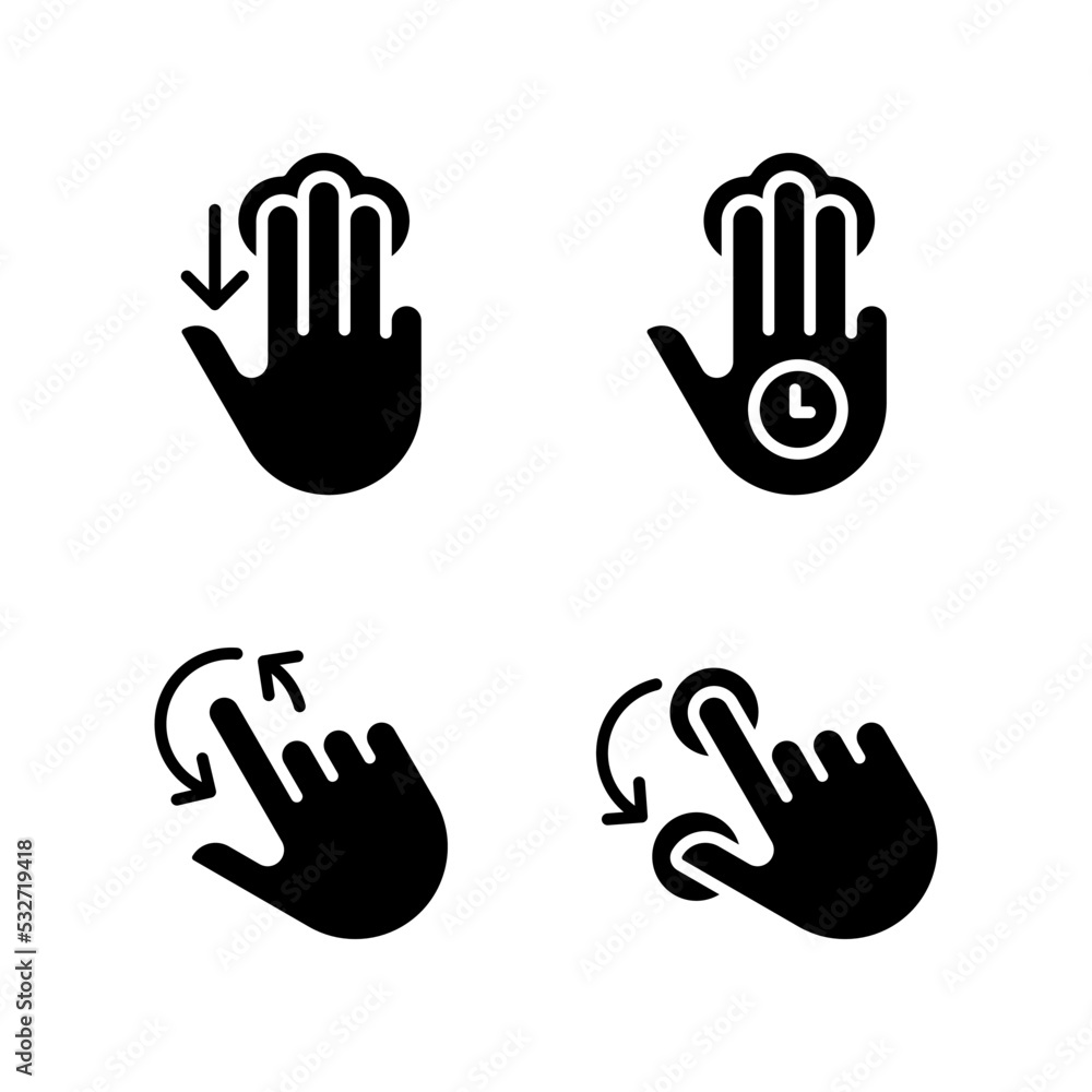 Multi touch control black glyph icons set on white space. Three finger tap and hold. Rotation function. Touchscreen control. Silhouette symbols. Solid pictogram pack. Vector isolated illustration Multi touch control black glyph icons set on white space. Three finger tap and hold. Rotation function. Touchscreen control. Silhouette symbols. Solid pictogram pack. Vector isolated illustration