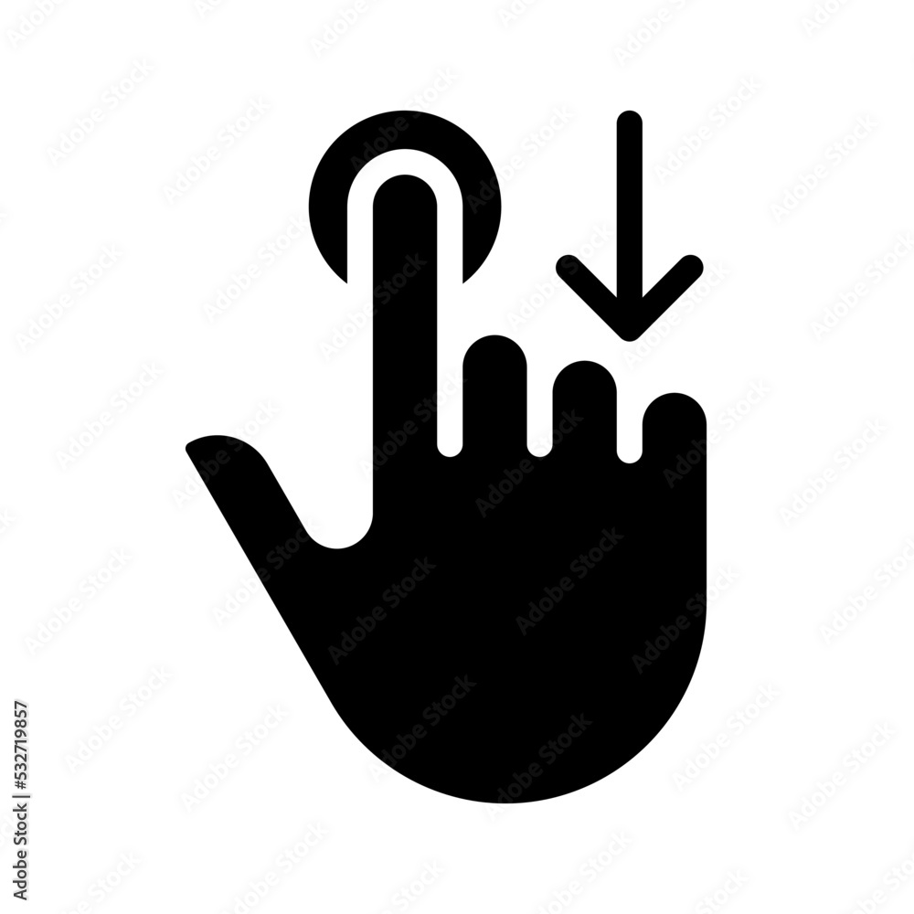 Move downwards black glyph icon. Swipe down. Touchscreen controlling gesture. Device navigation. Drag and draw. Silhouette symbol on white space. Solid pictogram. Vector isolated illustration Move downwards black glyph icon. Swipe down. Touchscreen controlling gesture. Device navigation. Drag and draw. Silhouette symbol on white space. Solid pictogram. Vector isolated illustration