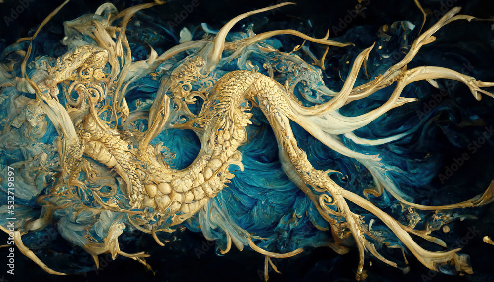 Kintsugi, dragon with watermarks in gold and cobalt blue color, decorative image for poster or creative background, fantasy Kintsugi, dragon with watermarks in gold and cobalt blue color, decorative image for poster or creative background, fantasy