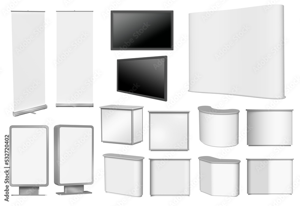 3d set of blank roll-up poster, vertical billboard, fair desks, TV and concave wall isolated, add your own design and message. Perfect for lay-outs, drafts and mock-ups. 3d set of blank roll-up poster, vertical billboard, fair desks, TV and concave wall isolated, add your own design and message. Perfect for lay-outs, drafts and mock-ups.