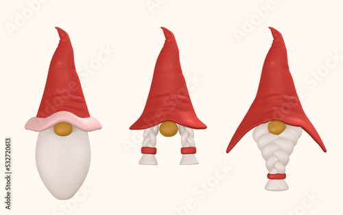 Funny Christmas masks of gnomes with beards and pigtails. 3d Xmas or New Year s elf masks in cartoon style. Vector illustration