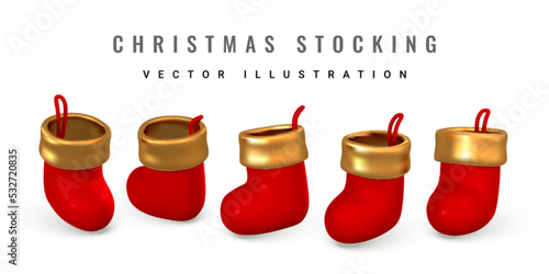 3d Christmas Santa Claus stocking. Xmas or New Year's decorative element. Vector illustration
