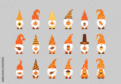 Fall gnomes bundle. Autumn decorations. Set of cute cartoon characters. Vector template for banner, poster, greeting card, shirt, etc