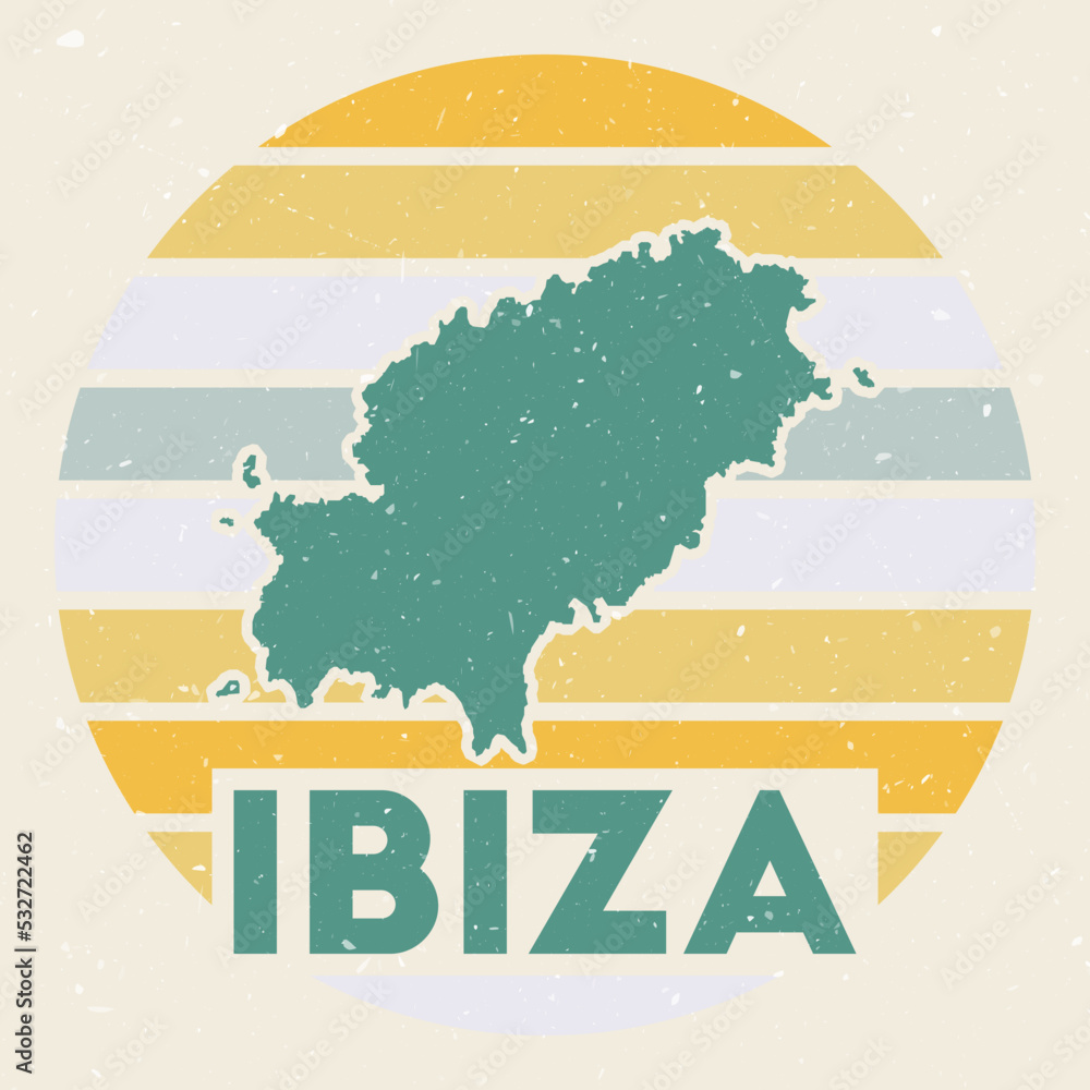 Ibiza logo. Sign with the map of island and colored stripes, vector