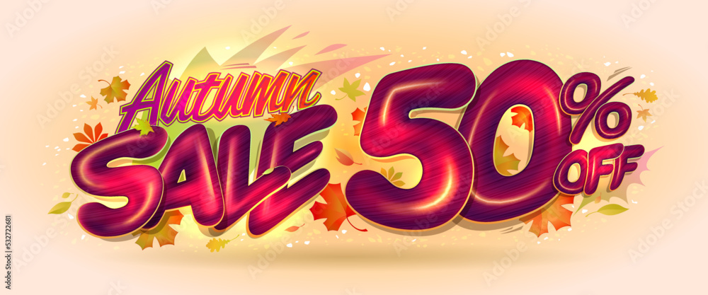 Autumn sale, 50 percents off, half price web banner mockup