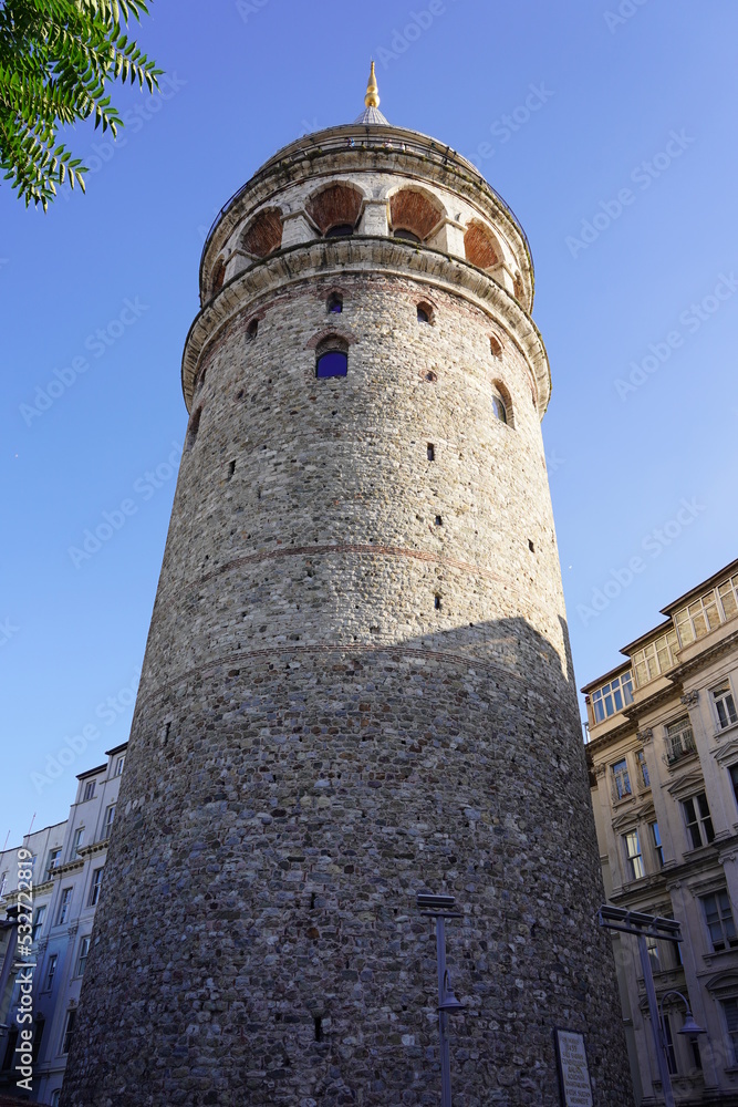 Istanbul, Turkey - Agust 08, 2022: The famous Galata tower in Istanbul, Turkey. This is a popular tourist attraction in the city. 