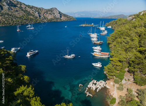 Fototapeta Naklejka Na Ścianę i Meble -  Cleopatra Hammam Bay Drone Photo, Gocek Islands Fethiye, Mugla Turkey