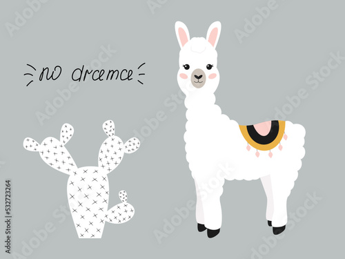 Cute cartoon llama and cactus. Baby posters. Wall art nursery. Funny design for textiles, postcards, baby shower. Happy lama. Kids print animals. Boho style.