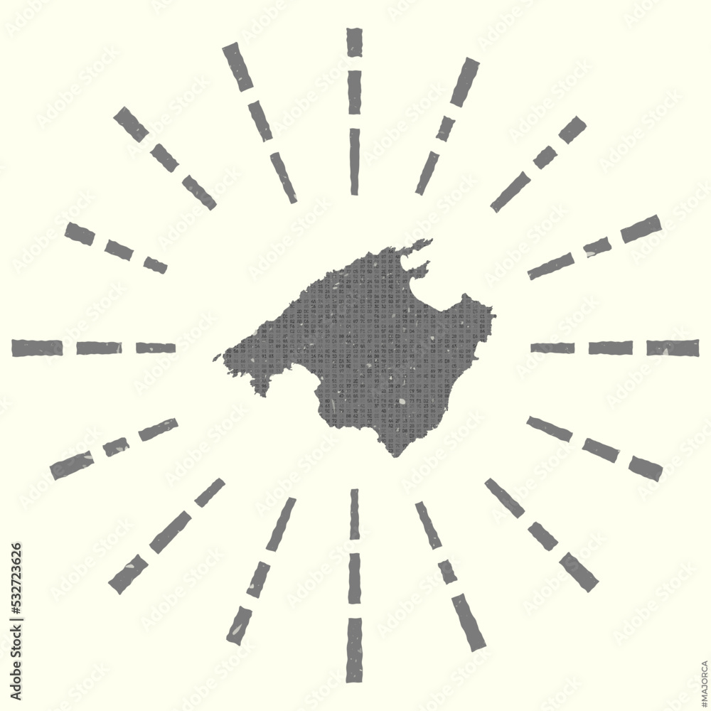 Majorca Iconography Majorca Logo. Grunge sunburst poster with map of the island. Shape of ...