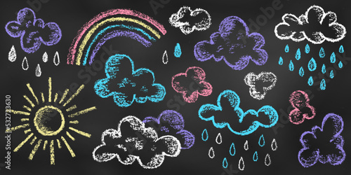 Set of Design Elements Sun, Clouds, Rain, Drops, Rainbow of Different Colors Isolated on Chalkboard Backdrop. Realistic Chalk Drawn Sketch.