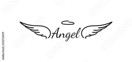 Angels wings with halo. Hand drawn vector feather angel. Handdrawn sketch feathers bird