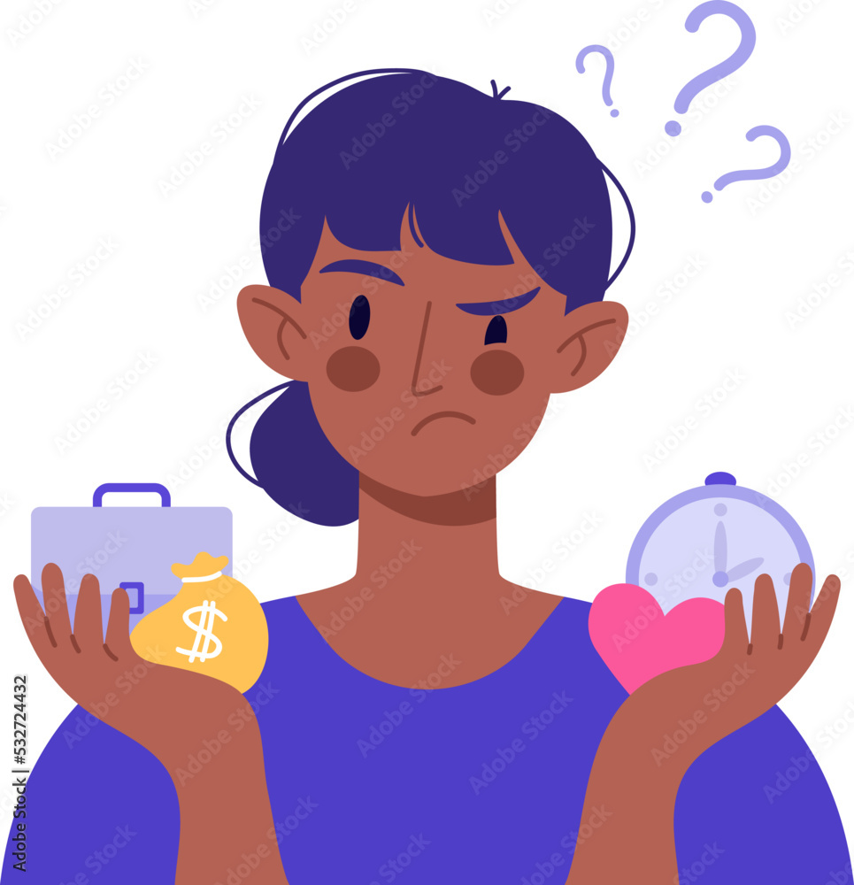 Young woman chooses between leisure time and work. The issue of female priorities between wellness, health and career, money. Life choice, life dilemma, balance, decision making. Vector illustration Young woman chooses between leisure time and work. The issue of female priorities between wellness, health and career, money. Life choice, life dilemma, balance, decision making. Vector illustration