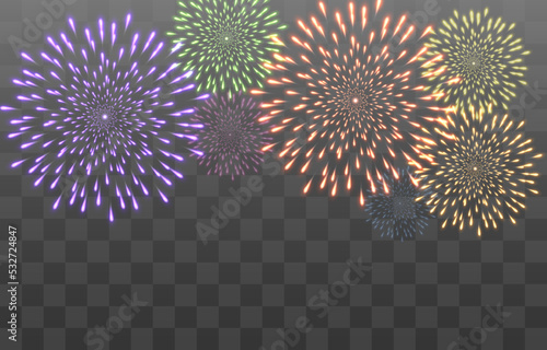Festive fireworks with brightly shining sparks. New Year's Eve fireworks. Realistic sparks and explosions. Colorful pyrotechnics show. Vector isolated on png background.