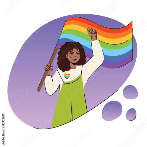 LGBTQ pride vector flat illustration. women with colorful rainbow flag. female activists holding LGBT flags, supporting lesbian, gay, bisexual, transgender, and queer people.