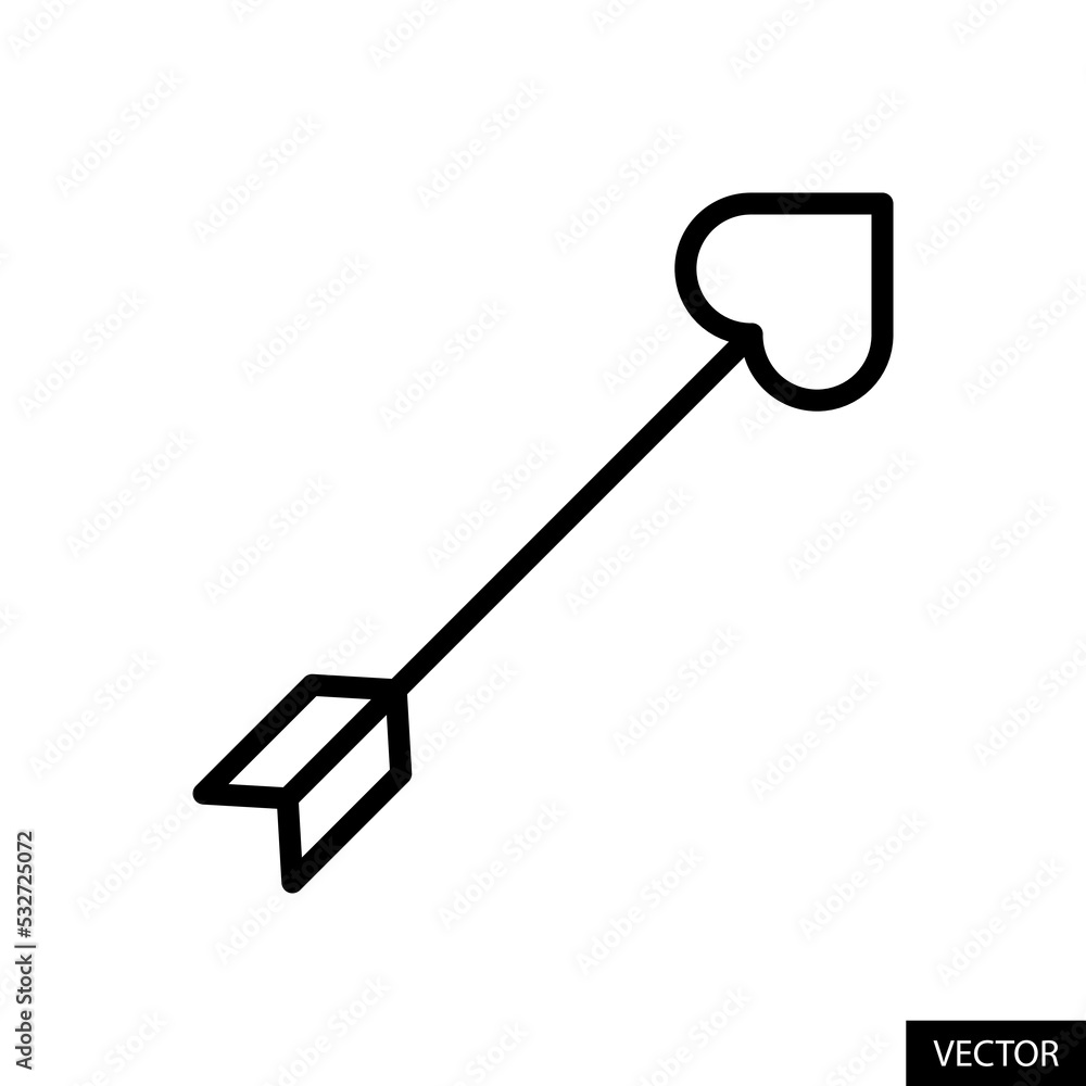 Cupid's arrow, Cherub's arrow, Heart arrow vector icon in line style